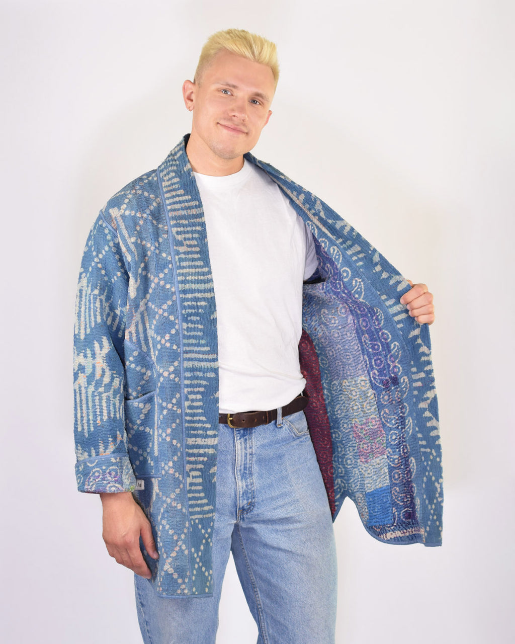 Frankie Long Quilted Reversible Patchwork Kantha Jacket -14