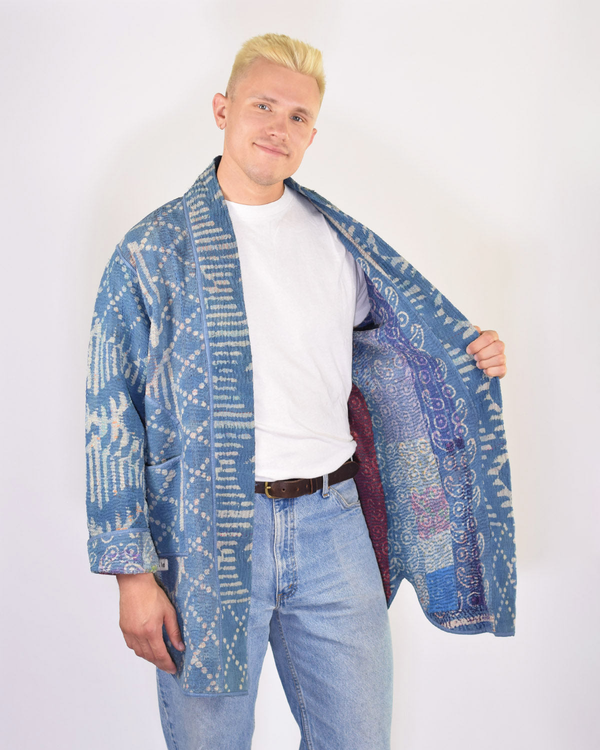 Frankie Long Quilted Reversible Patchwork Kantha Jacket -14