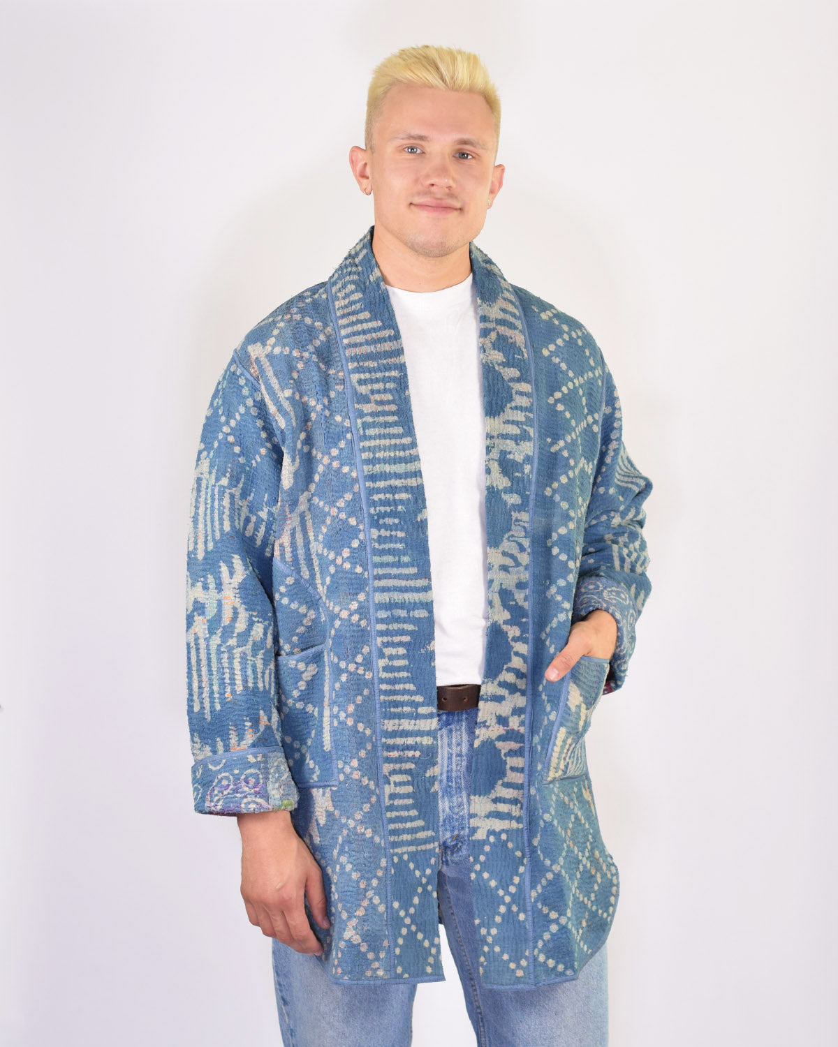 Frankie Long Quilted Reversible Patchwork Kantha Jacket -14