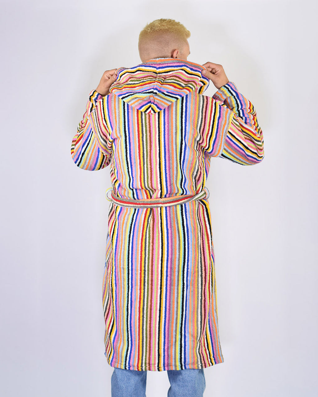 Turkish Cotton Plush Hooded Terry Cloth Robe - Rainbow Stripes