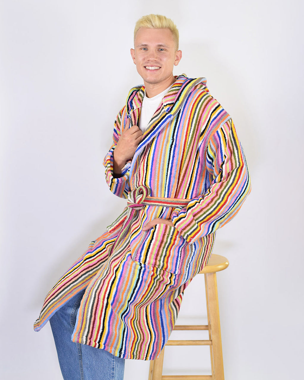 Turkish Cotton Plush Hooded Terry Cloth Robe - Rainbow Stripes