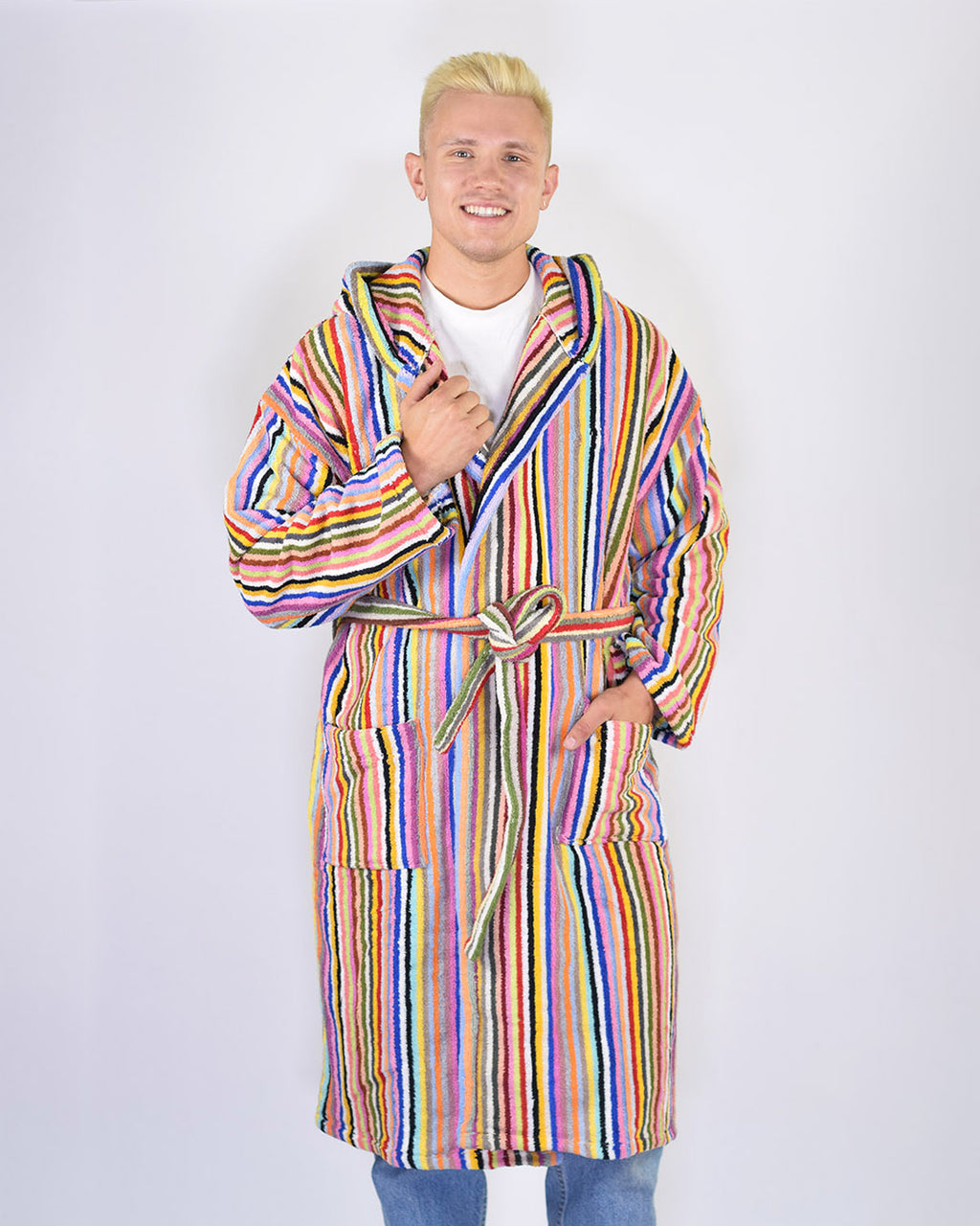 Turkish Cotton Plush Hooded Terry Cloth Robe - Rainbow Stripes