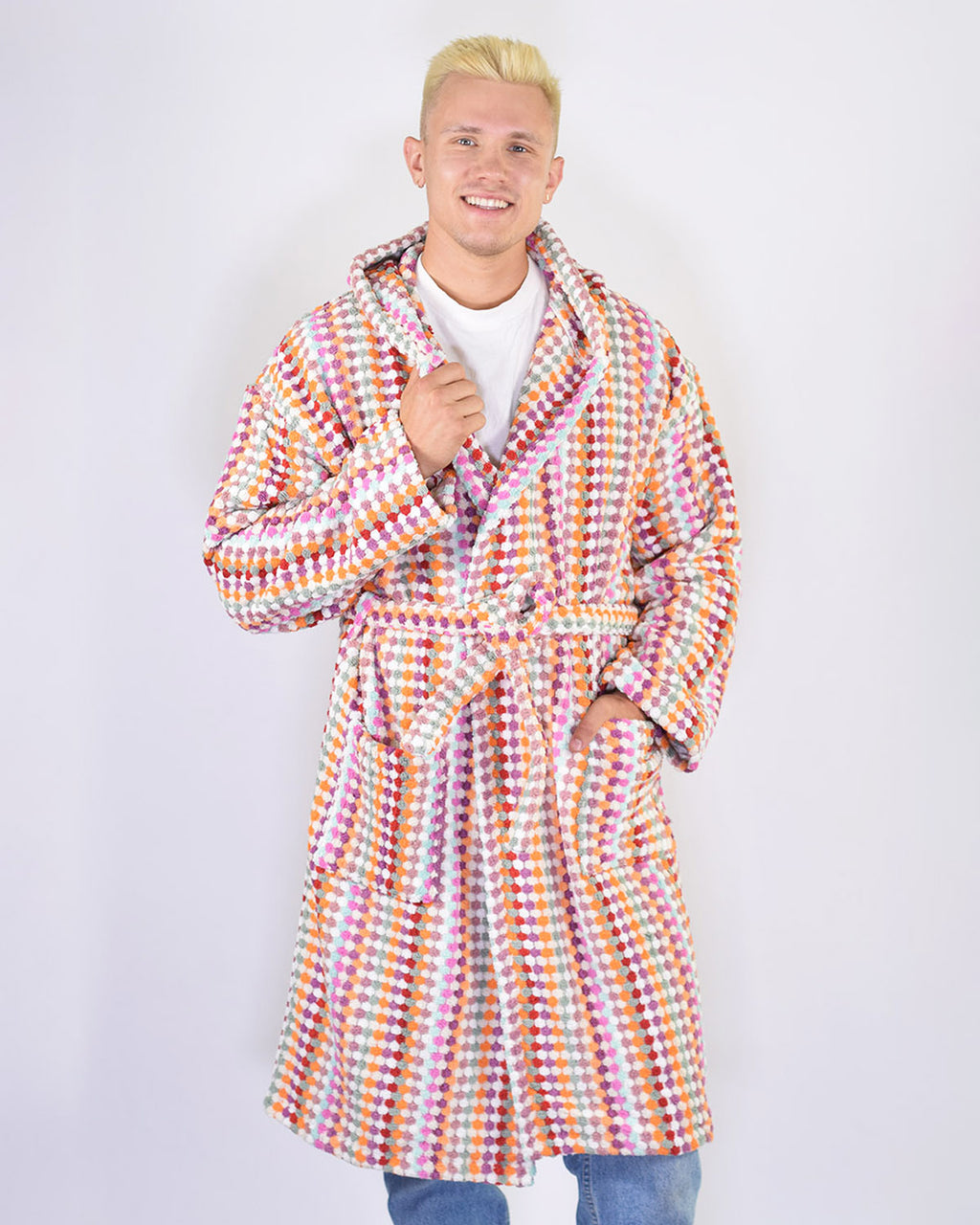 Turkish Cotton Plush Hooded Terry Cloth Robe - Desert Checkers