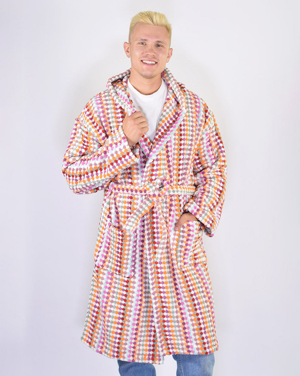 Turkish Cotton Plush Hooded Terry Cloth Robe - Desert Checkers