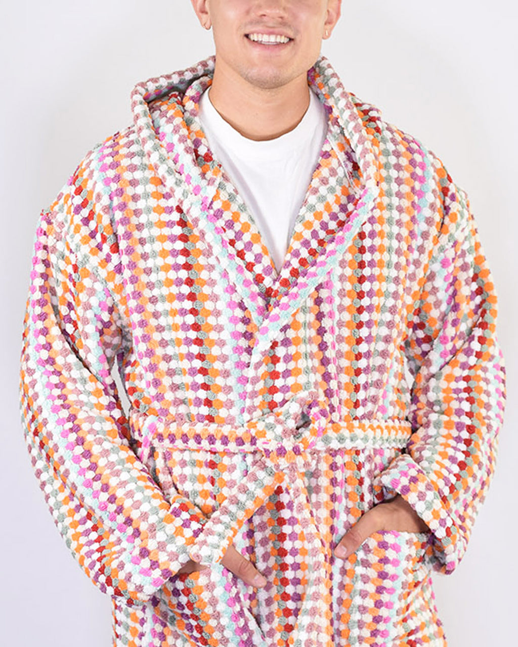 Turkish Cotton Plush Hooded Terry Cloth Robe - Desert Checkers