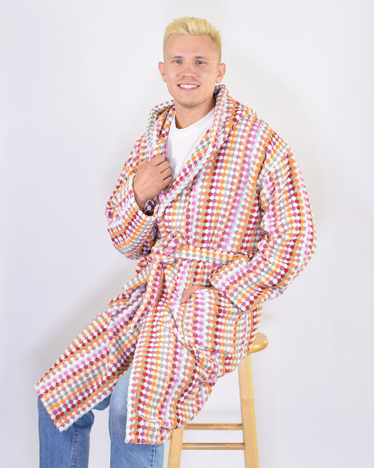 Turkish Cotton Plush Hooded Terry Cloth Robe - Desert Checkers
