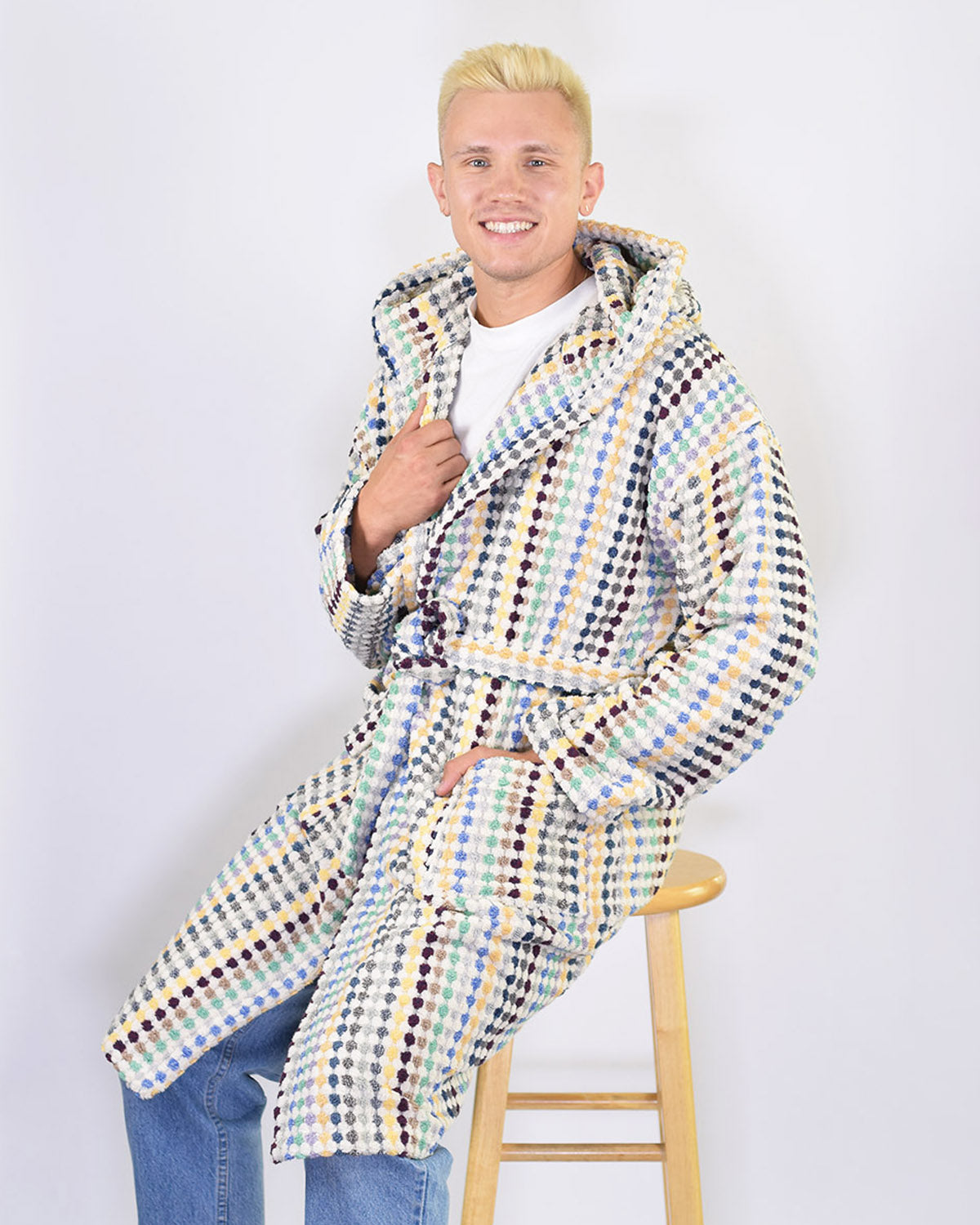 Turkish Cotton Plush Hooded Terry Cloth Robe - Sunbeam Checkers