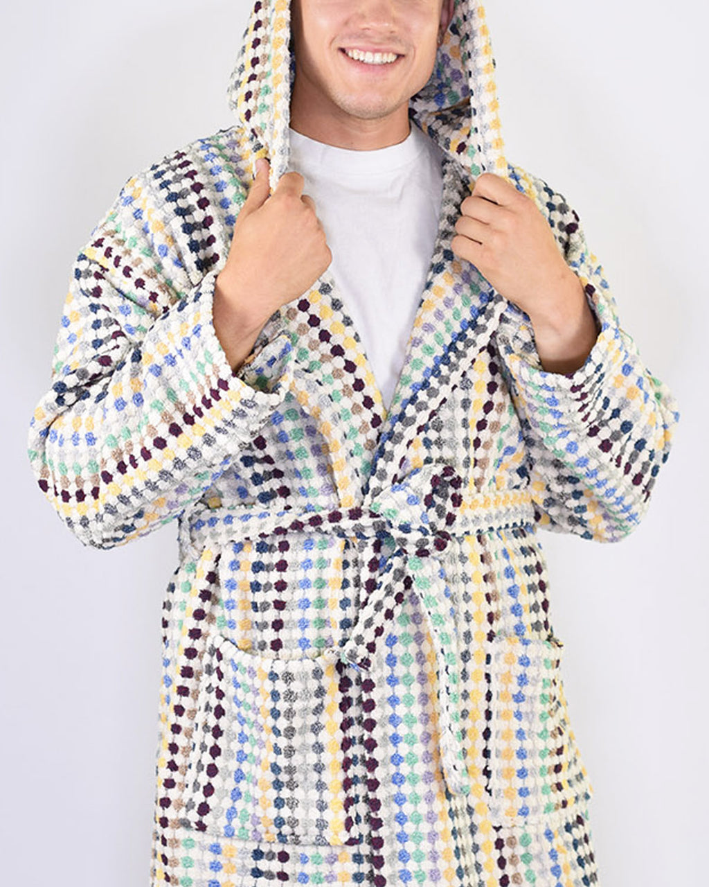 Turkish Cotton Plush Hooded Terry Cloth Robe - Sunbeam Checkers