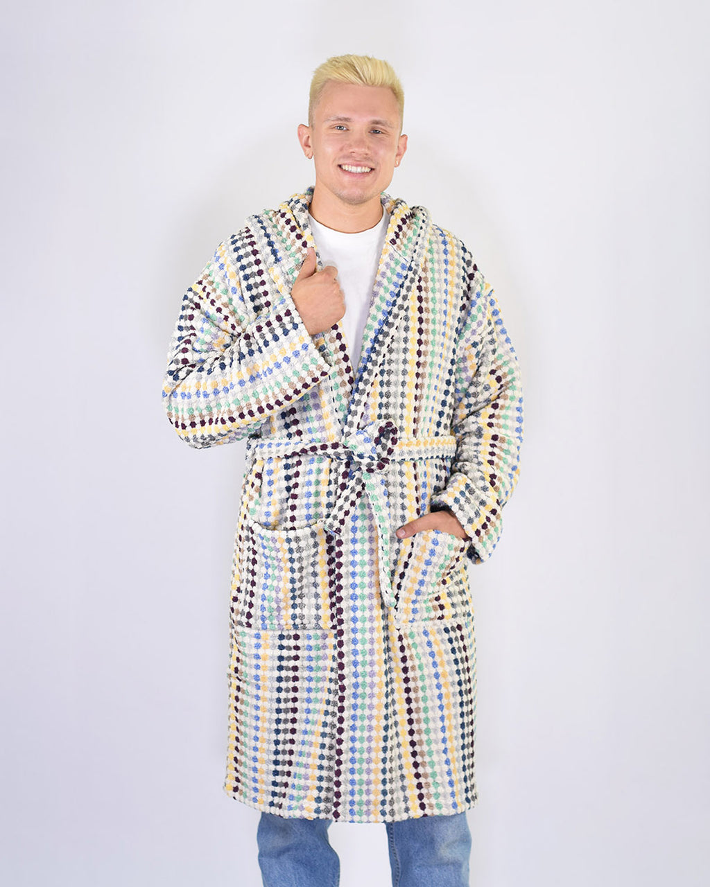 Turkish Cotton Plush Hooded Terry Cloth Robe - Sunbeam Checkers
