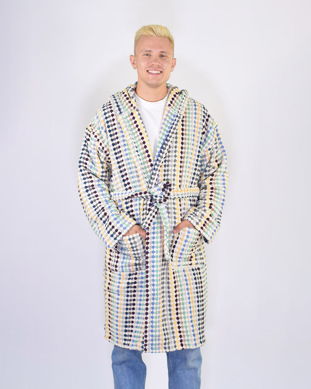 Turkish Cotton Plush Hooded Terry Cloth Robe - Sunbeam Checkers