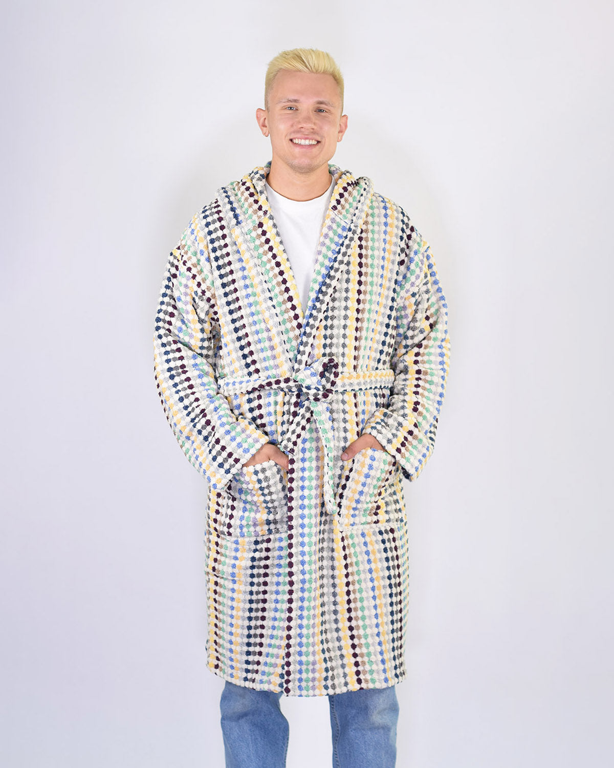 Turkish Cotton Plush Hooded Terry Cloth Robe - Sunbeam Checkers
