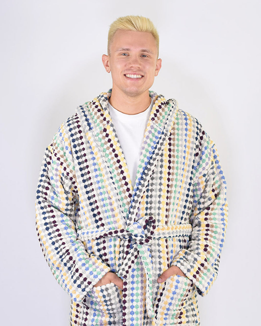 Turkish Cotton Plush Hooded Terry Cloth Robe - Sunbeam Checkers