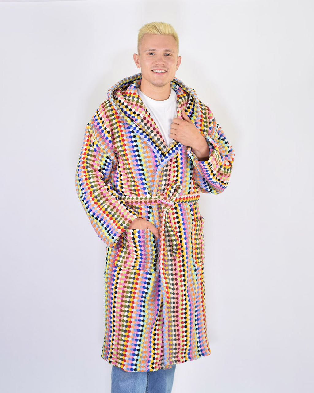 Turkish Cotton Plush Hooded Terry Cloth Robe - Rainbow Checkers