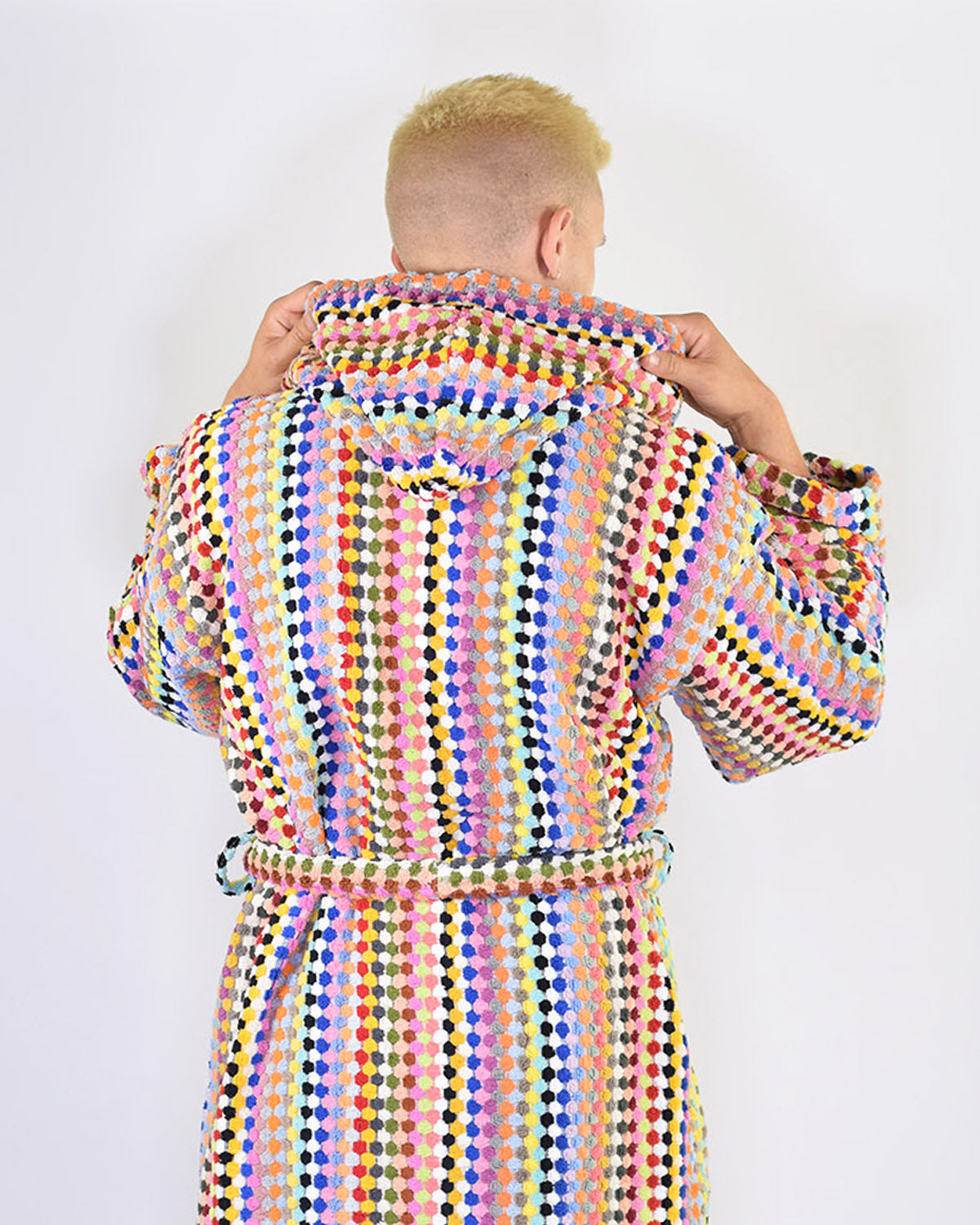 Turkish Cotton Plush Hooded Terry Cloth Robe - Rainbow Checkers