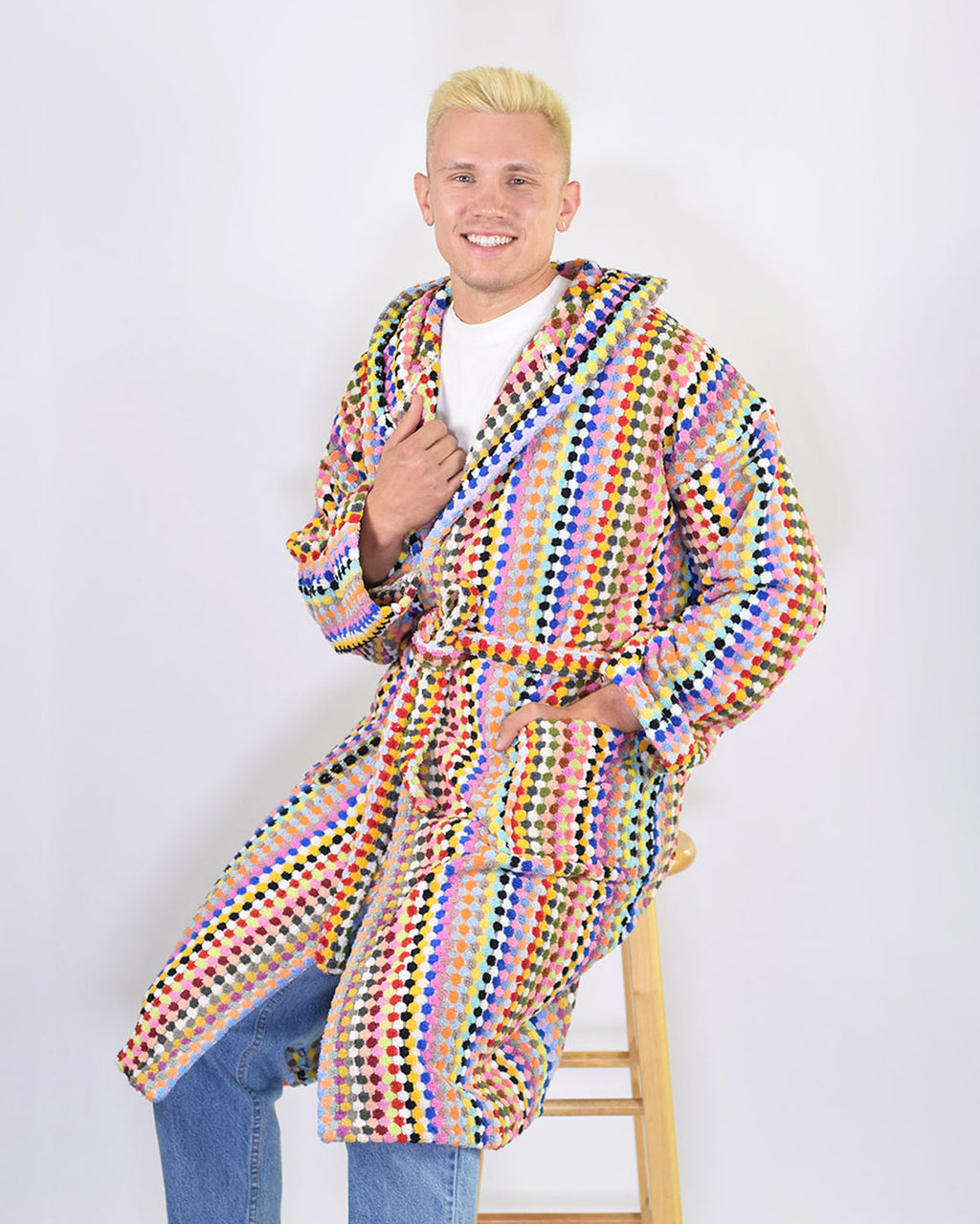 Turkish Cotton Plush Hooded Terry Cloth Robe - Rainbow Checkers