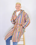 Turkish Cotton Plush Hooded Terry Cloth Robe - Rainbow Checkers
