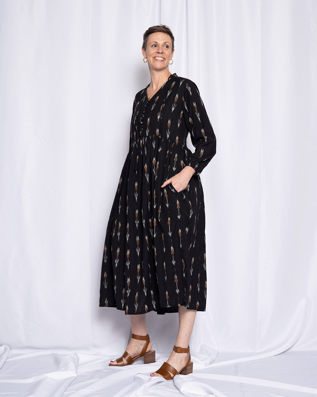 Arabella Resort Dress - Long Sleeve - Black Ikat