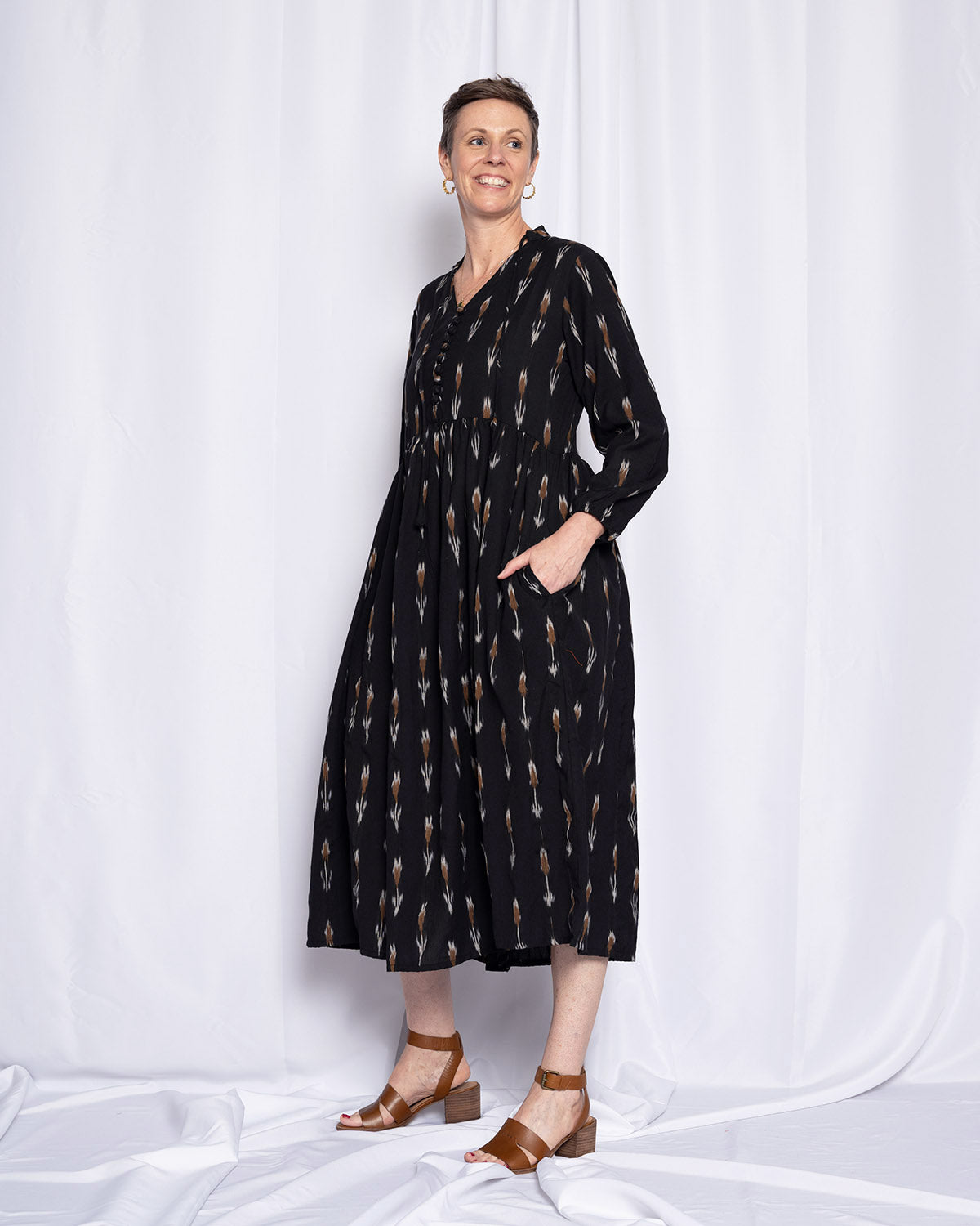 Arabella Resort Dress - Long Sleeve - Black Ikat