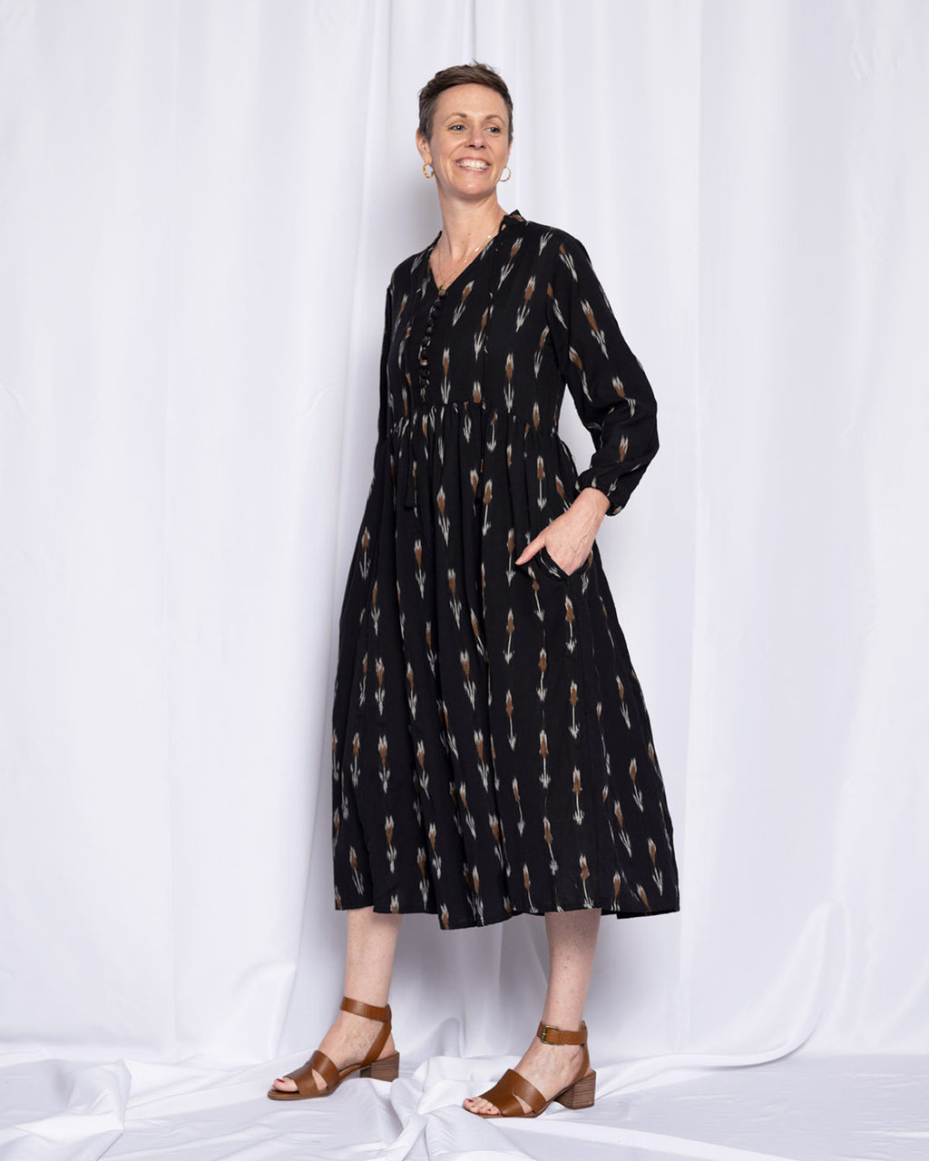 Arabella Resort Dress - Long Sleeve - Black Ikat