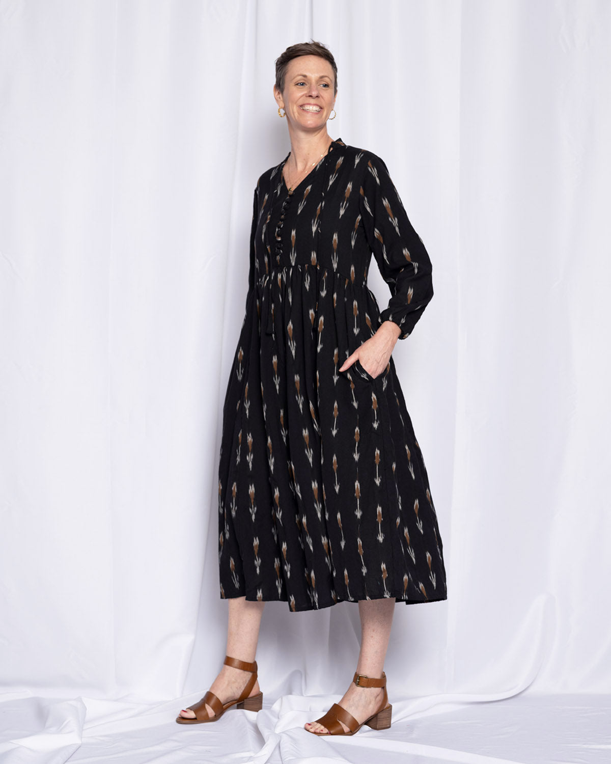 Arabella Resort Dress - Long Sleeve - Black Ikat