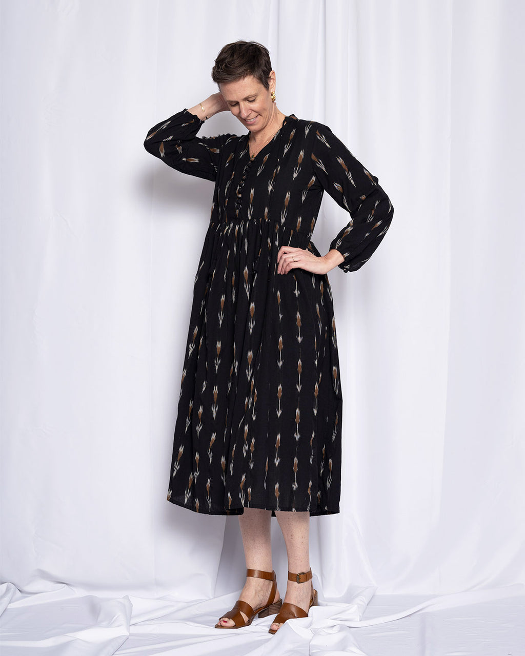 Arabella Resort Dress - Long Sleeve - Black Ikat