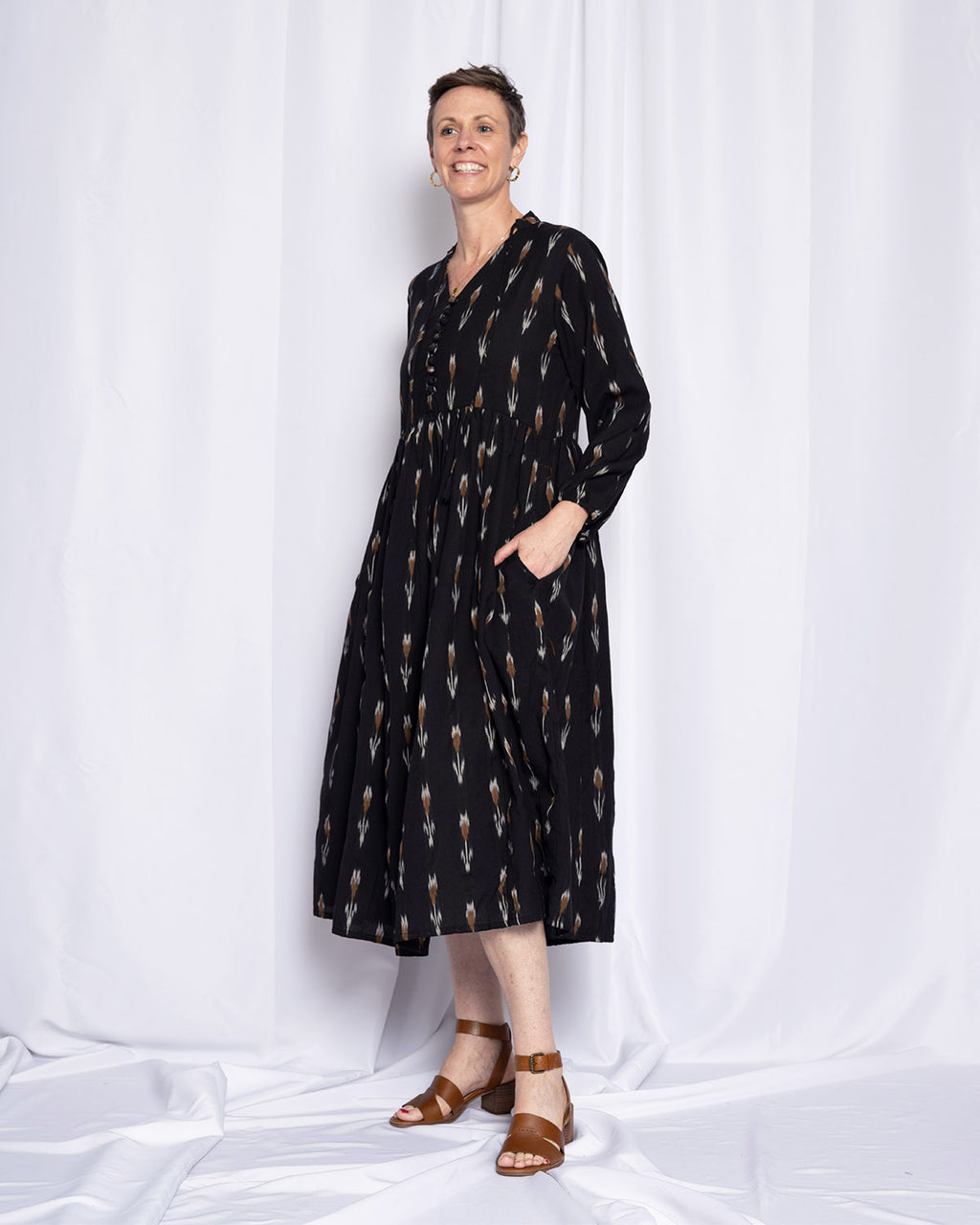 Arabella Resort Dress - Long Sleeve - Black Ikat