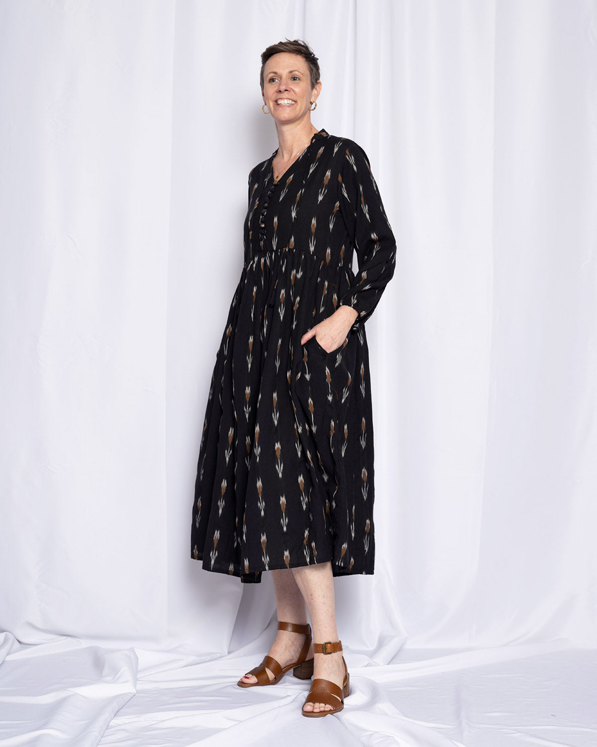 Arabella Resort Dress - Long Sleeve - Black Ikat