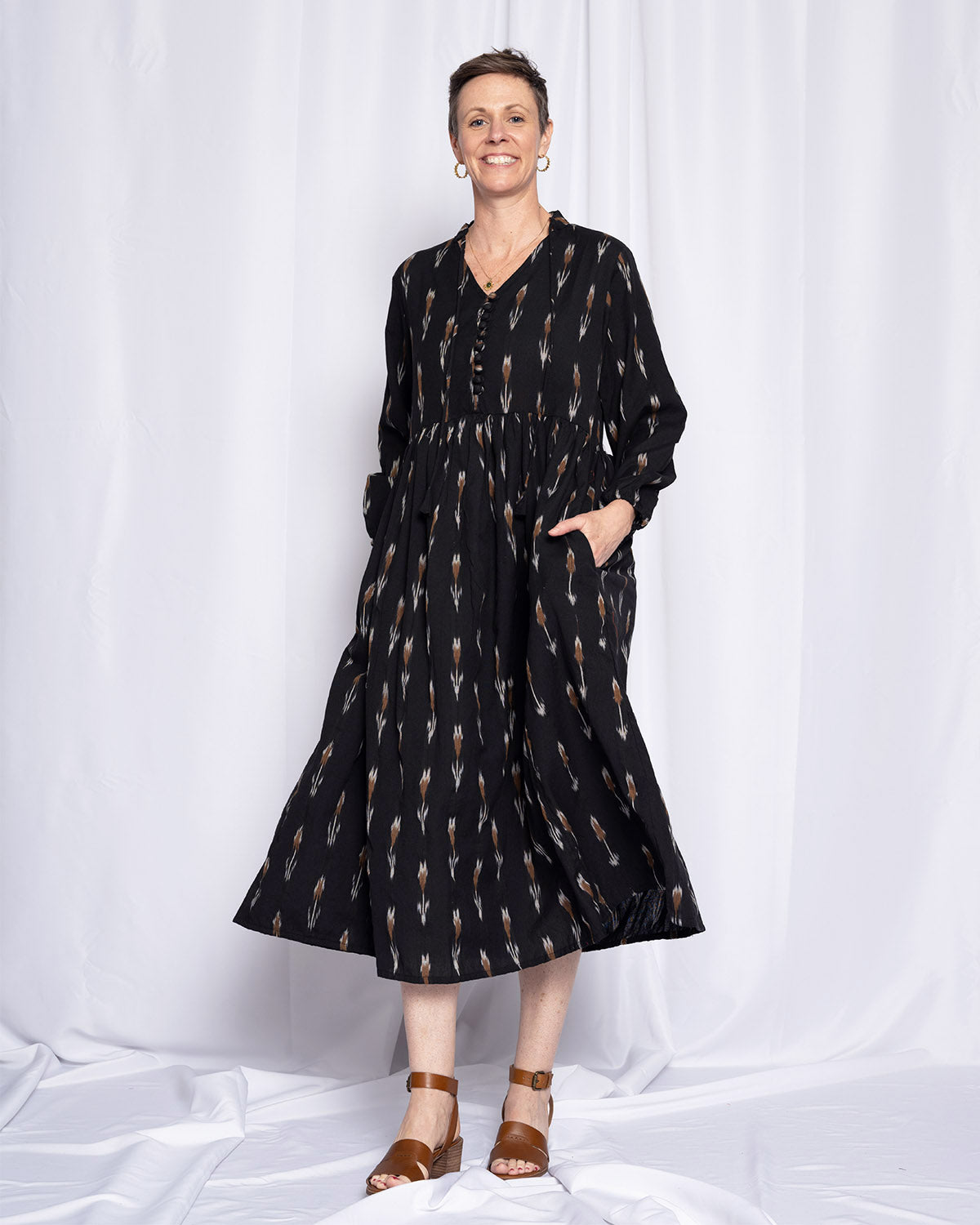 Arabella Resort Dress - Long Sleeve - Black Ikat