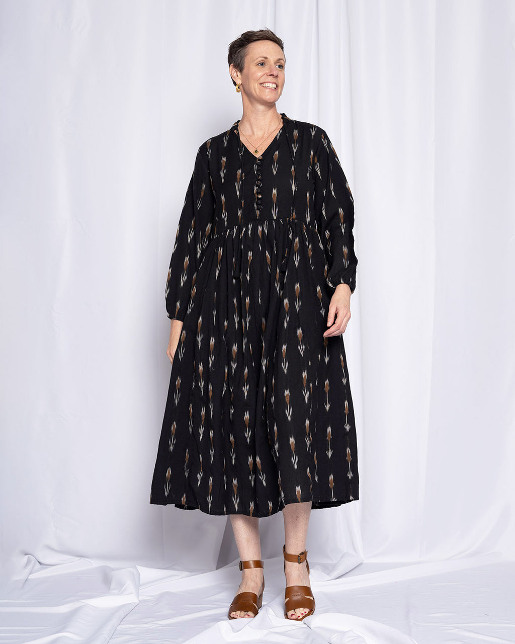 Arabella Resort Dress - Long Sleeve - Black Ikat