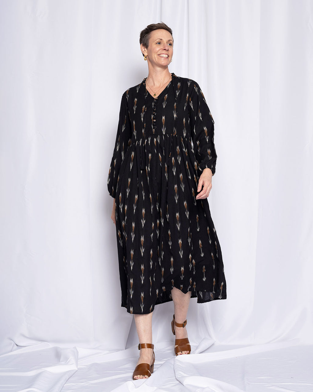 Arabella Resort Dress - Long Sleeve - Black Ikat