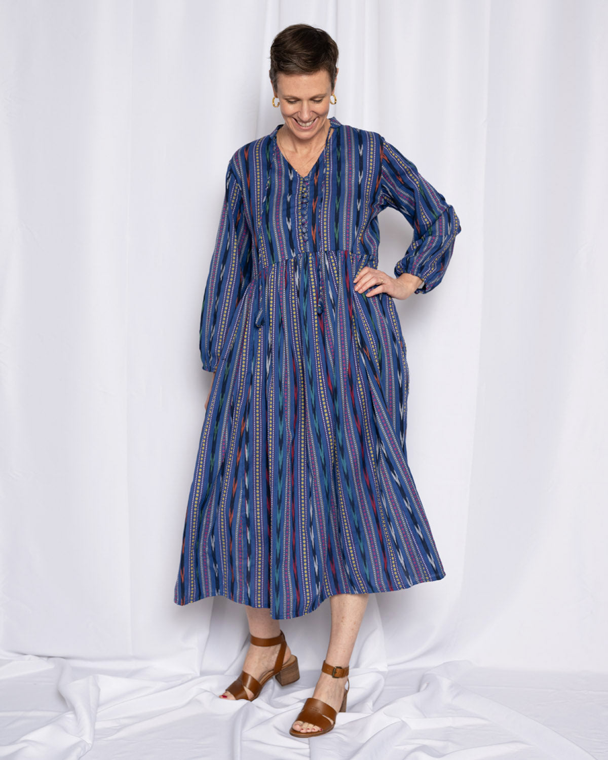 Arabella Resort Dress - Long Sleeve - Blue Ikat