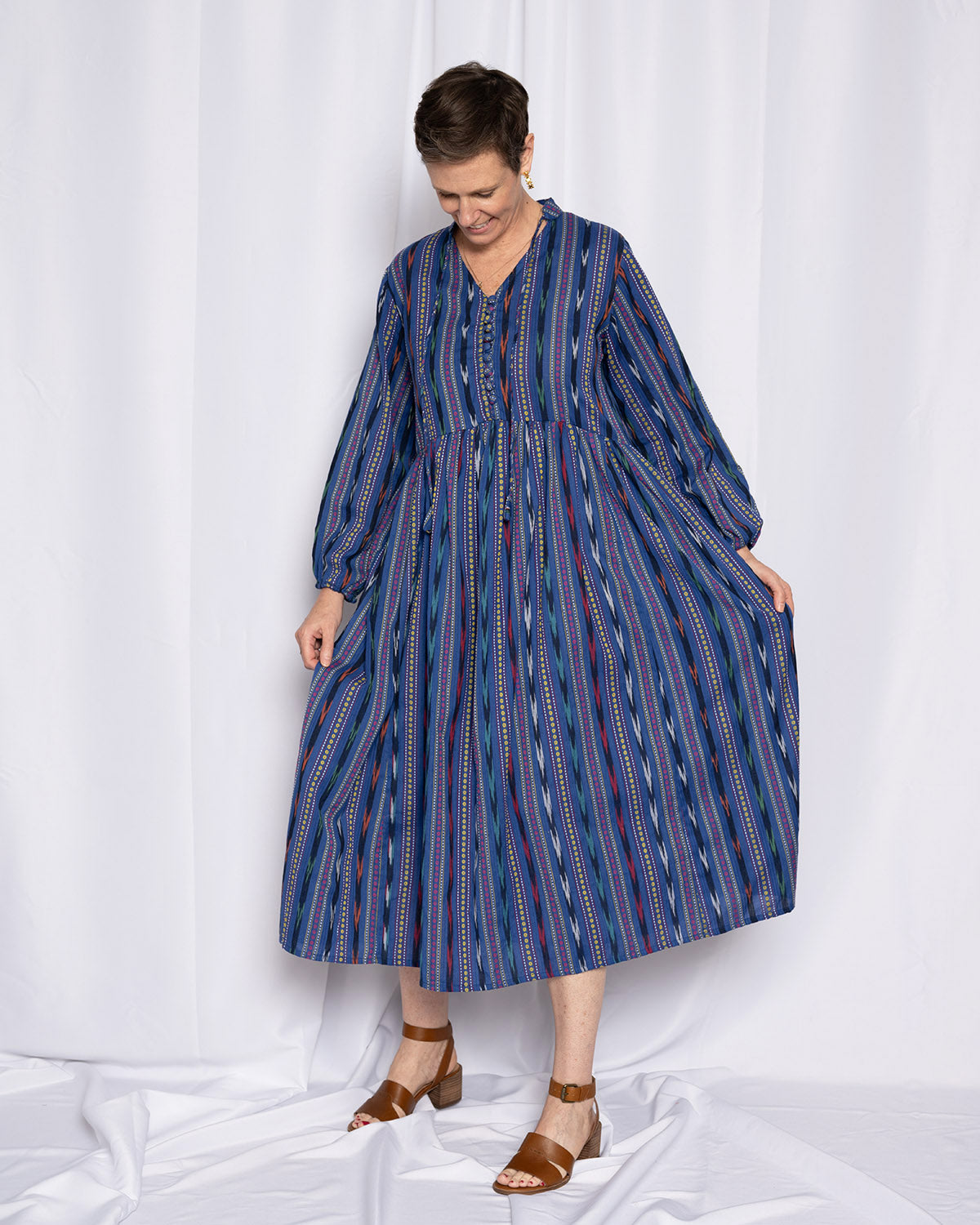 Arabella Resort Dress - Long Sleeve - Blue Ikat