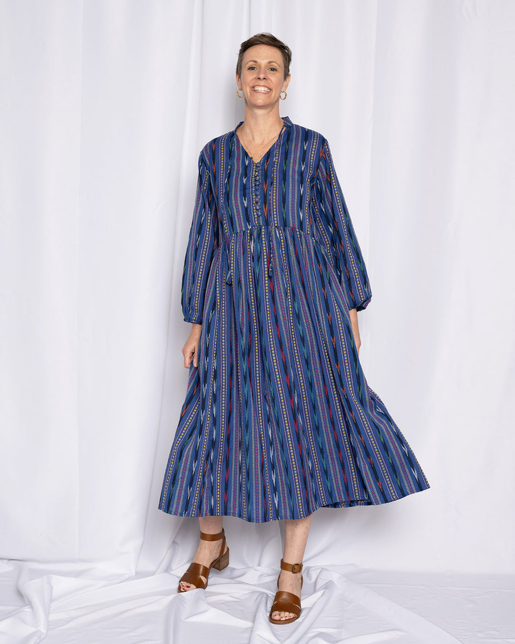 Arabella Resort Dress - Long Sleeve - Blue Ikat