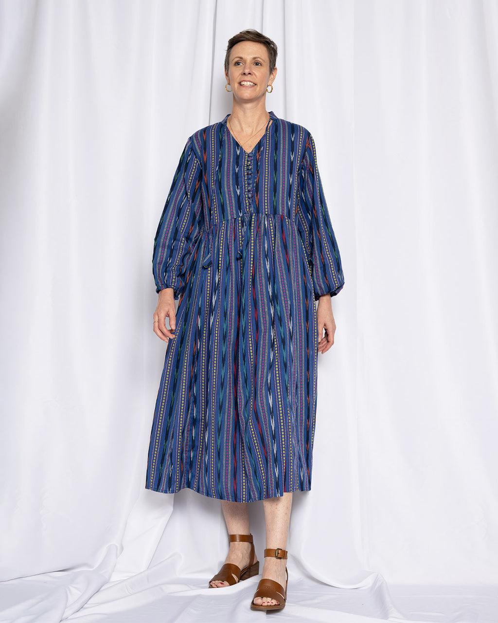 Arabella Resort Dress - Long Sleeve - Blue Ikat