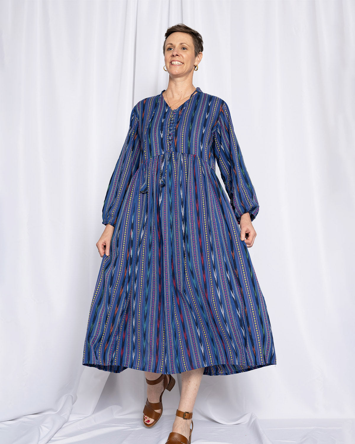 Arabella Resort Dress - Long Sleeve - Blue Ikat