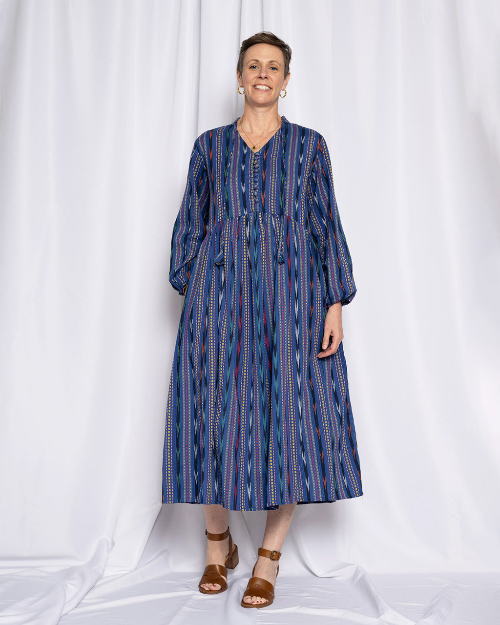 Arabella Resort Dress - Long Sleeve - Blue Ikat