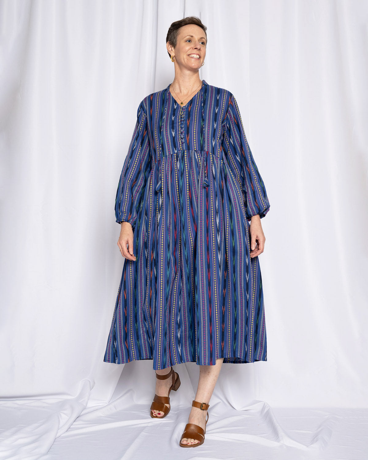 Arabella Resort Dress - Long Sleeve - Blue Ikat