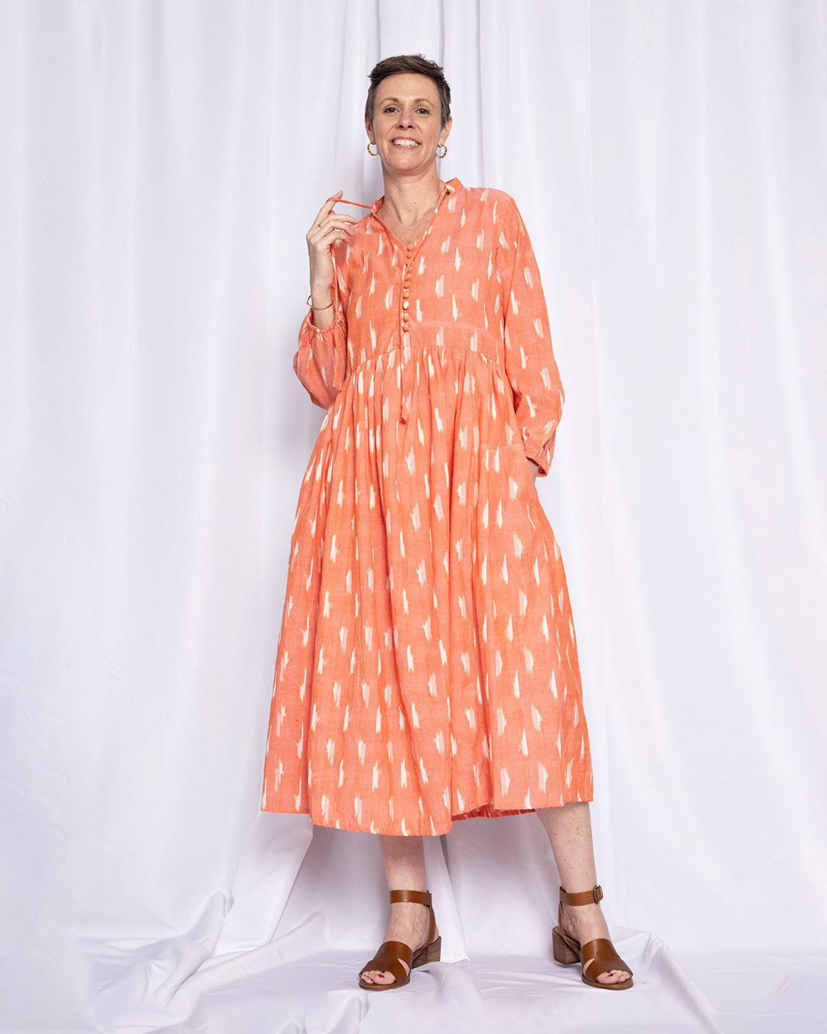 Arabella Resort Dress - Long Sleeve - Coral Ikat