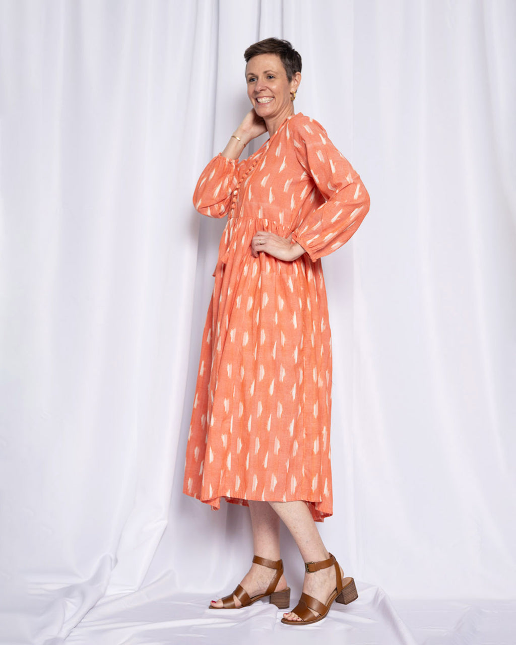 Arabella Resort Dress - Long Sleeve - Coral Ikat
