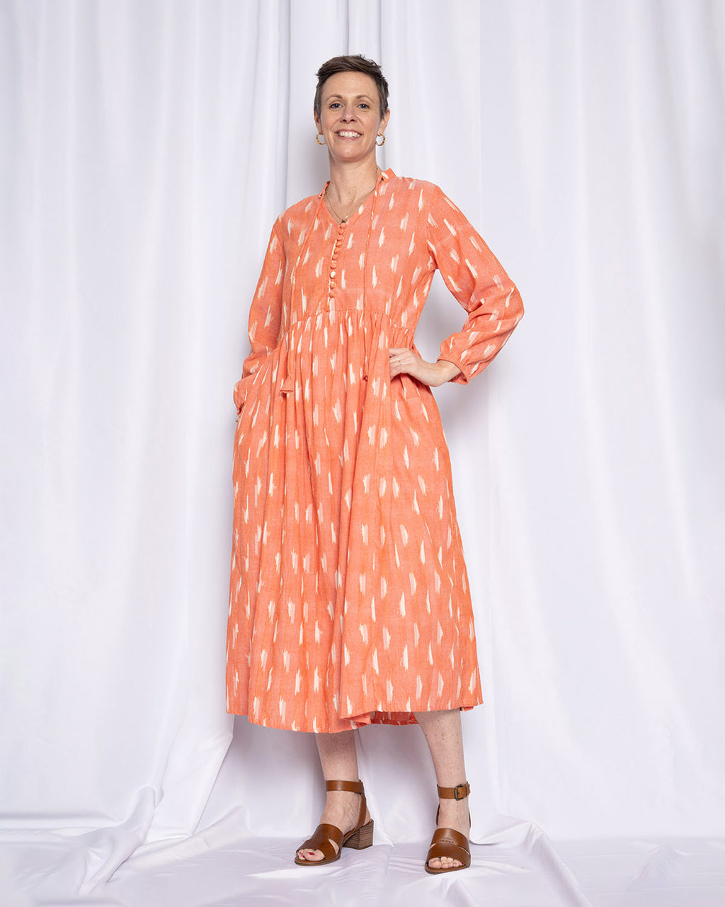 Arabella Resort Dress - Long Sleeve - Coral Ikat