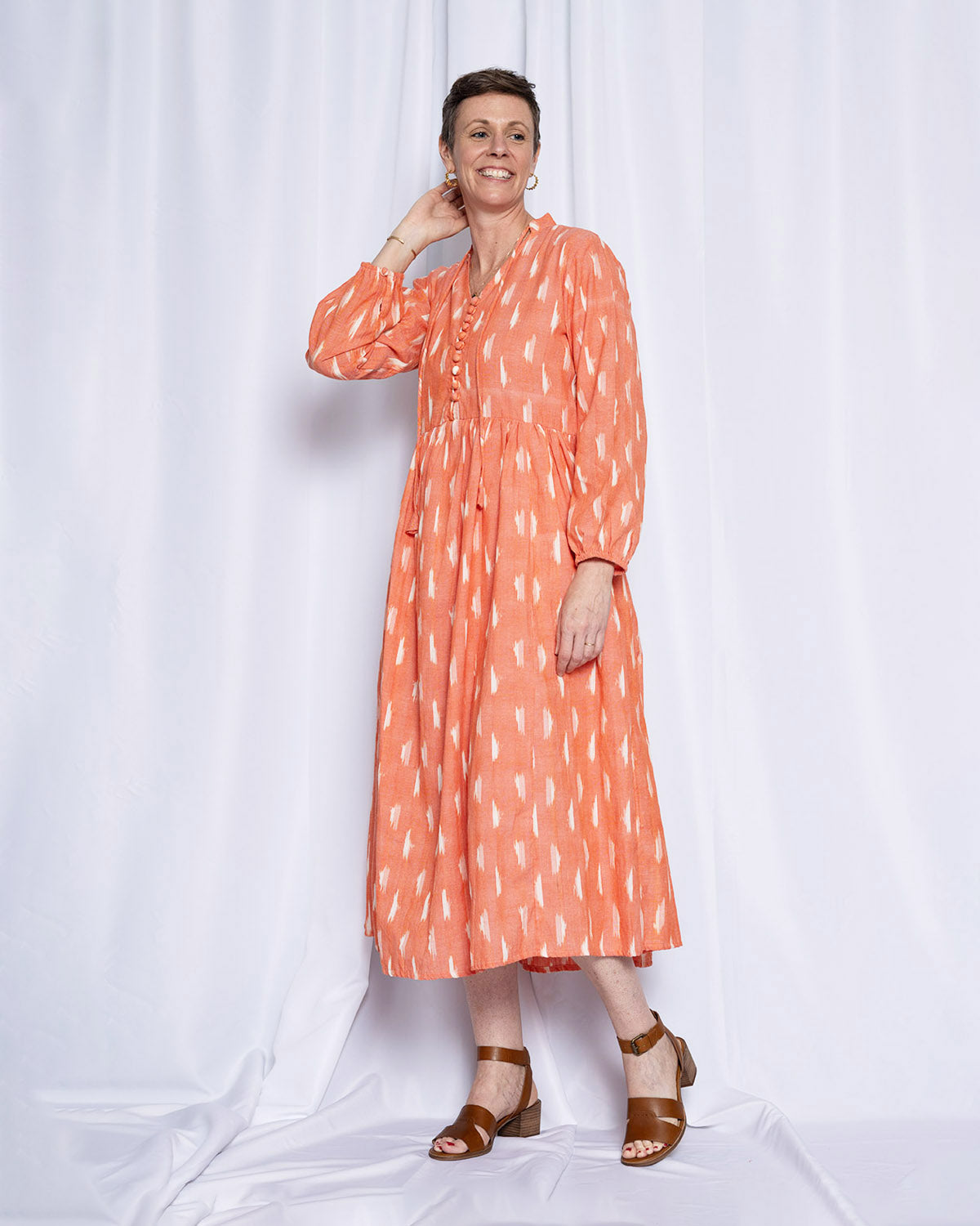 Arabella Resort Dress - Long Sleeve - Coral Ikat