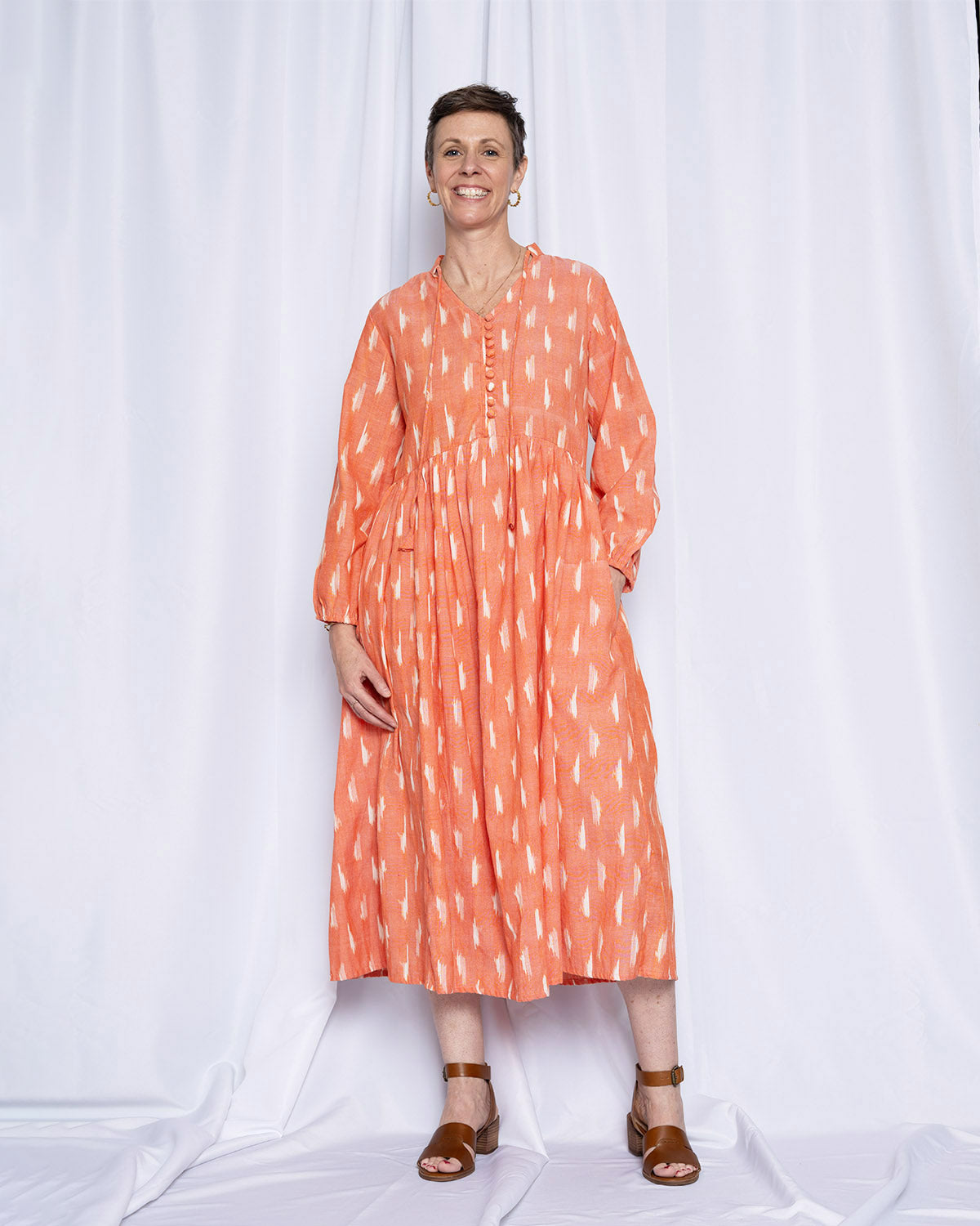 Arabella Resort Dress - Long Sleeve - Coral Ikat