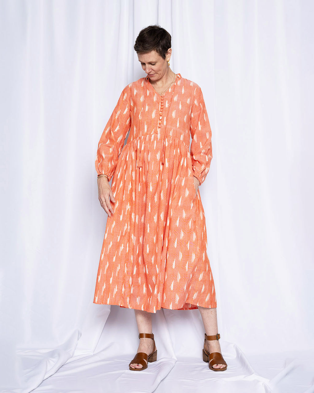 Arabella Resort Dress - Long Sleeve - Coral Ikat