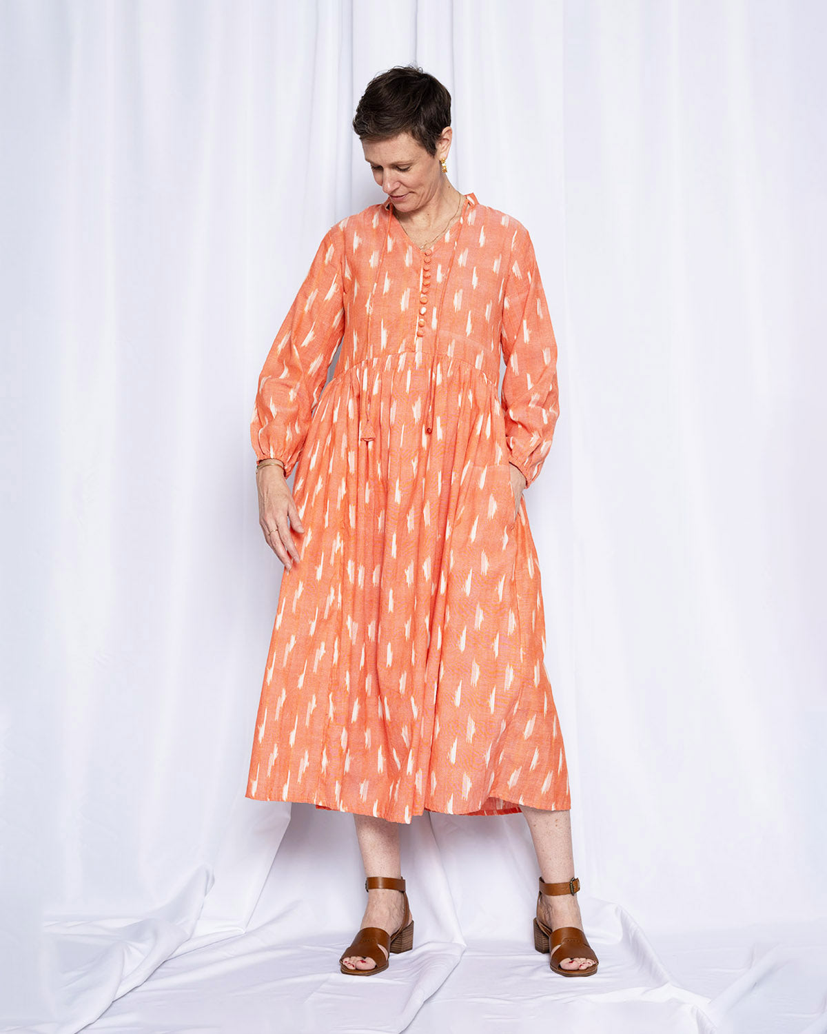 Arabella Resort Dress - Long Sleeve - Coral Ikat
