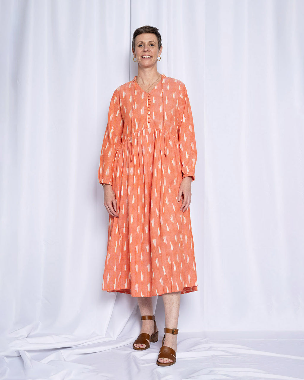 Arabella Resort Dress - Long Sleeve - Coral Ikat