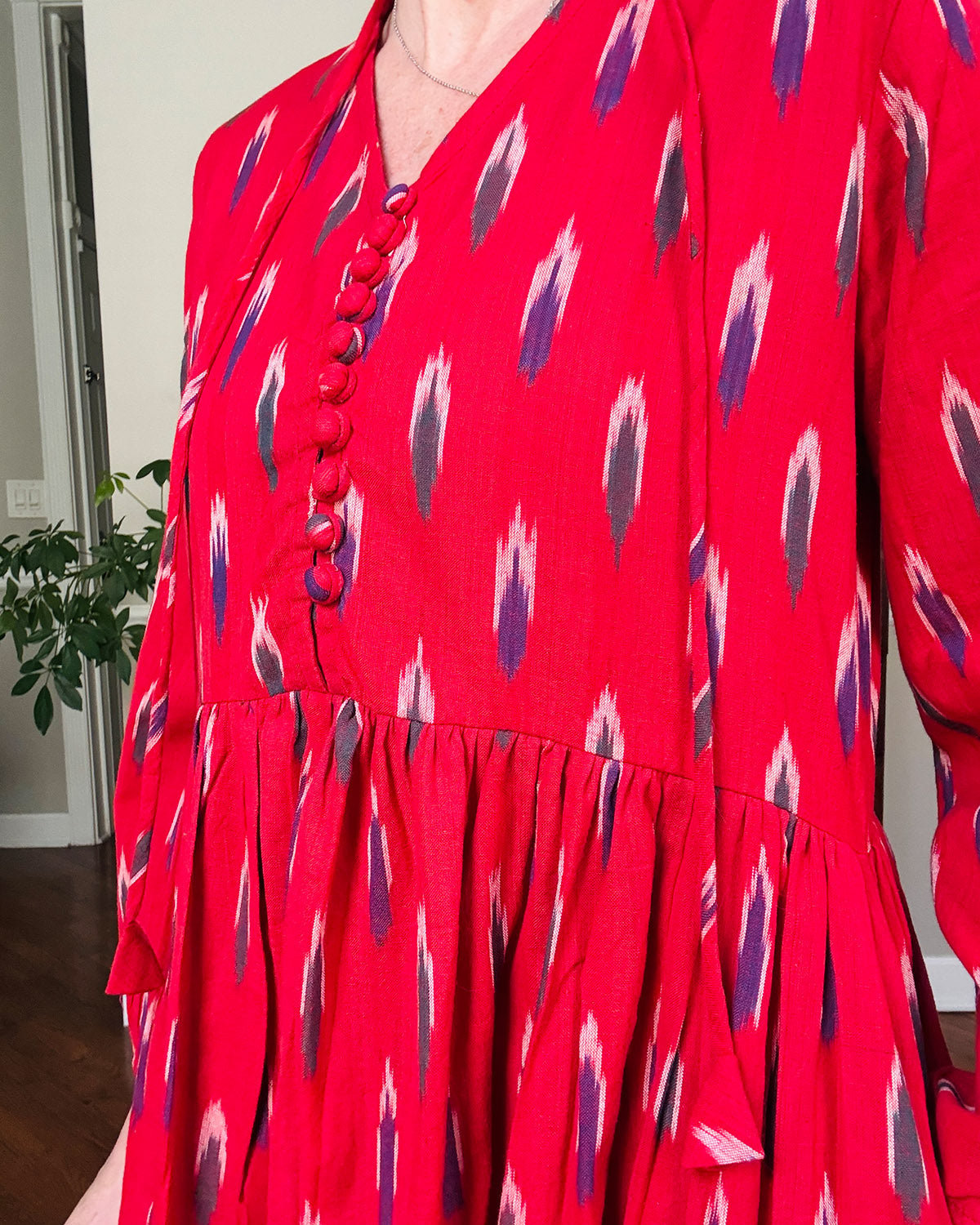 Arabella Resort Dress - Long Sleeve - Crimson Ikat