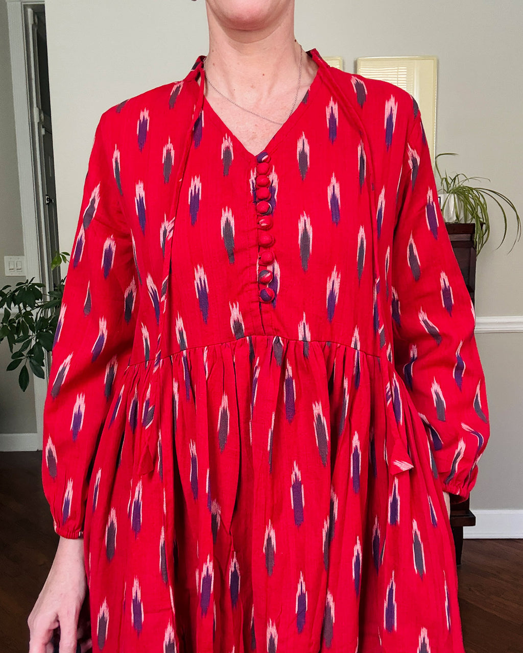 Arabella Resort Dress - Long Sleeve - Crimson Ikat