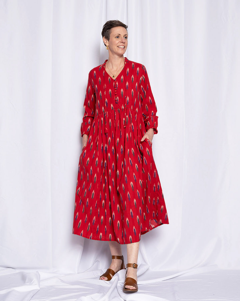 Arabella Resort Dress - Long Sleeve - Crimson Ikat