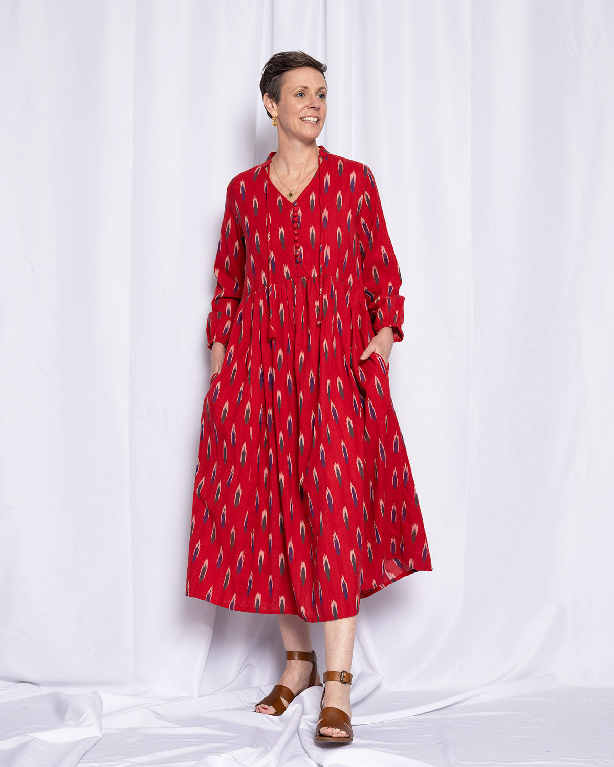 Arabella Resort Dress - Long Sleeve - Crimson Ikat