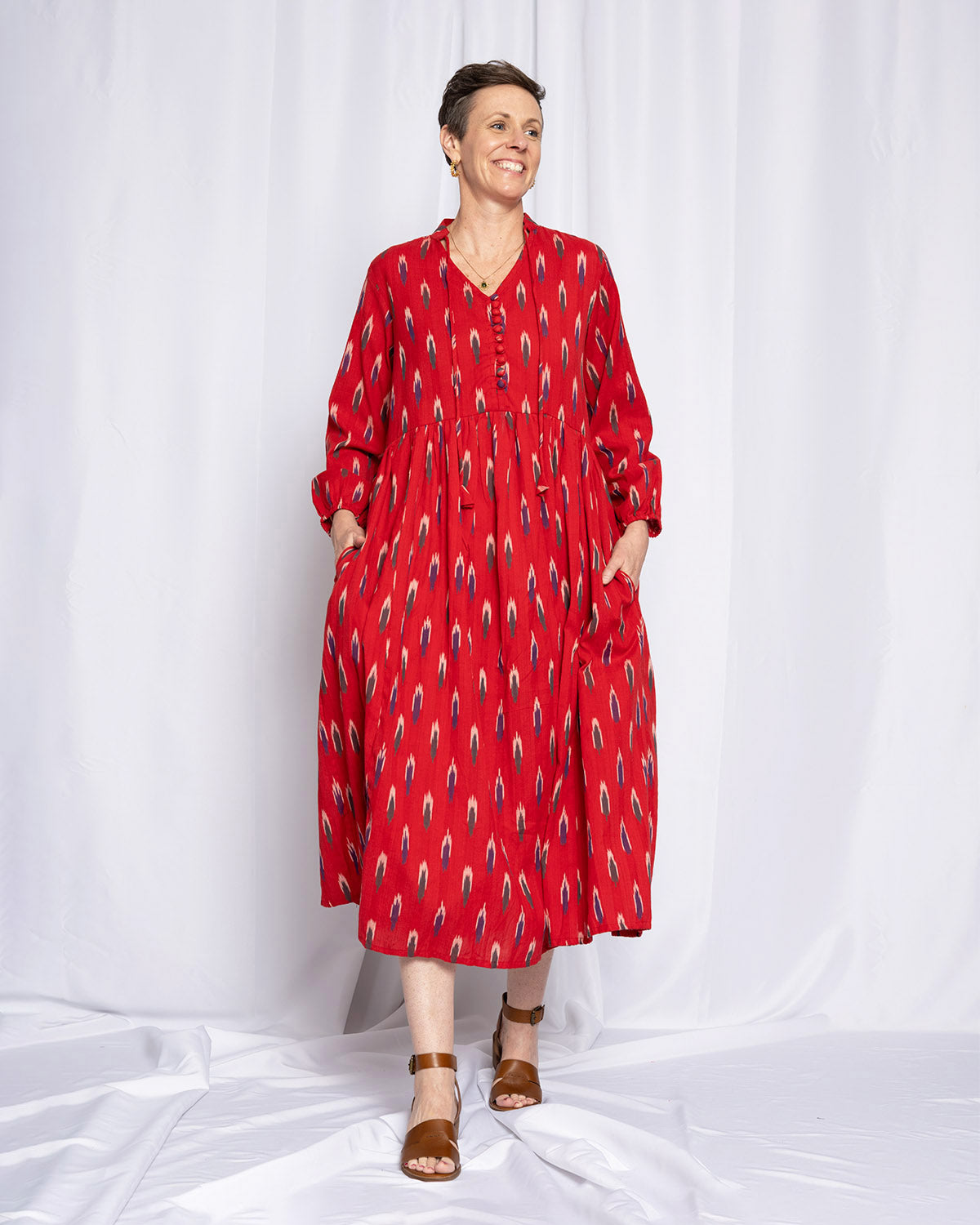 Arabella Resort Dress - Long Sleeve - Crimson Ikat